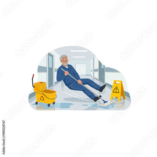 Man sitting on floor with mop and bucket in industrial area
