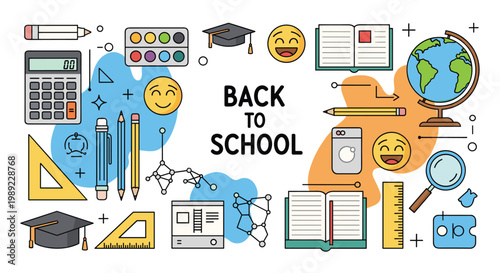 Colorful back to school design featuring an assortment of icons like a globe magnifying glass and paint palette with educational text.