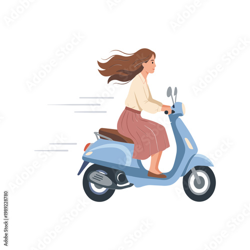 Woman rides blue scooter fast down street on sunny day with wind