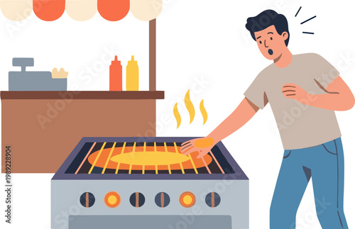 Man burns hand while grilling food at outdoor cooking event in restaurant