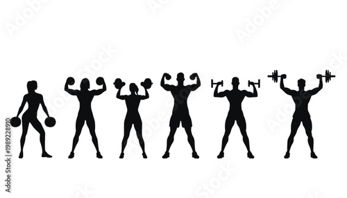 Athletes performing various weightlifting exercises are depicted in a series of black silhouettes against a clean white background to showcase different fitness movements and strength training.