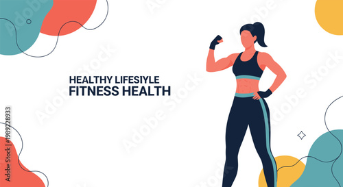Athletic woman flexing her bicep next to fitness health text in a modern graphic design with abstract organic shapes and colors.