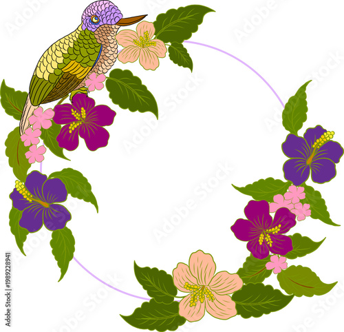 A vibrant and intricately detailed illustration of two symmetrical hummingbirds facing each other, designed with decorative feather patterns and a rich blend of colors