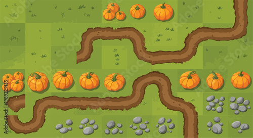 Cartoon pumpkin patch game level design, autumn farm garden landscape with dirt paths and rocks, top down view vector map for mobile gaming
