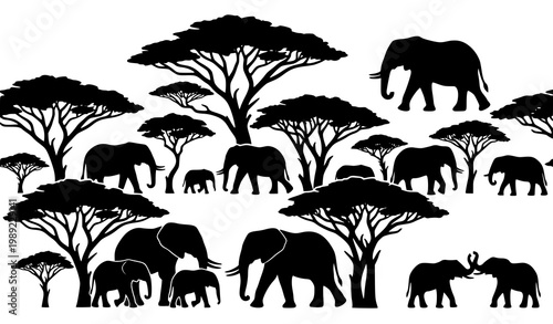 African elephant and tree silhouettes vector set clustered savannah wildlife elements isolated on white background