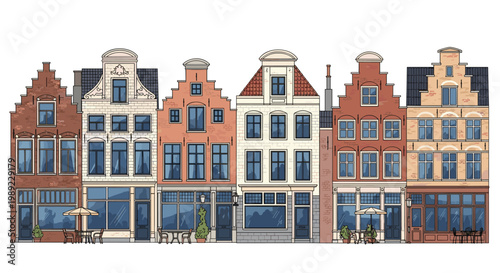 Row of detailed traditional Dutch houses with diverse gables and shop facades representing the historic architecture of the Netherlands.
