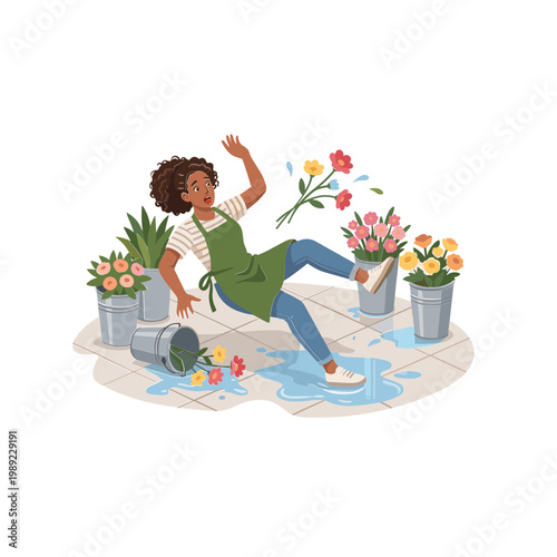 Woman slips on spilled water among potted plants and flowers in garden
