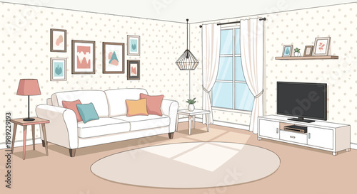 Spacious and modern living room interior shown in a light color palette with a white sofa television and many framed art pieces.