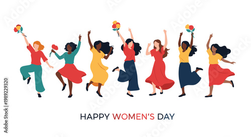Group of diverse women celebrate International Women's Day by dancing and holding flowers in a vibrant flat illustration.