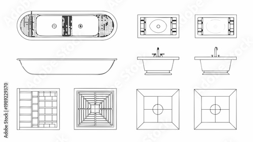 Architectural drawings of bathtubs sinks and bathroom fixtures