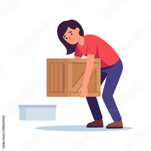 Woman struggles to move heavy cardboard box across the room with effort