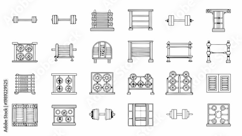 Line drawing of various architectural elements and structural components