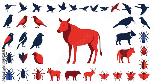 Minimalist animal silhouettes set, red and navy blue wildlife icons, flat vector collection of birds, mammals and insects for nature branding