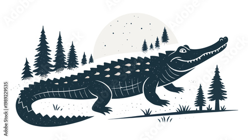 A minimalist vector graphic illustration of a crocodile in a forest silhouette