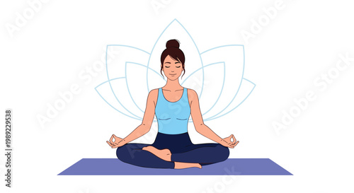 Woman sitting in a peaceful meditation pose with hands in mudra gesture against a backdrop of a simplified lotus flower outline.