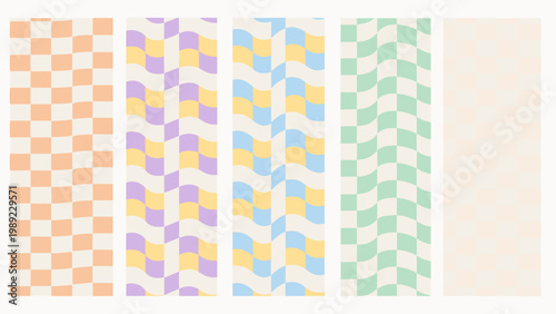 A collection of colorful patterned rectangular shapes arranged vertically