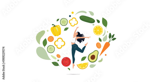 Energetic woman jumping with joy in the center of a swirling collection of fresh fruits and vegetables representing a healthy diet.