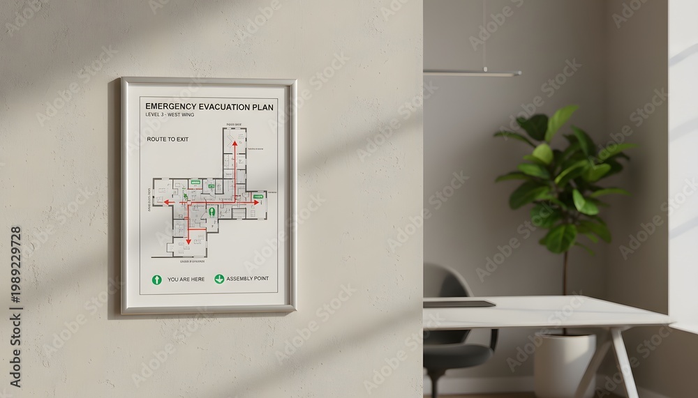 © antuanetto - Emergency evacuation exit plan diagram on wall in a modern office interior showing safe route to exit for workplace safety and emergency preparedness concept