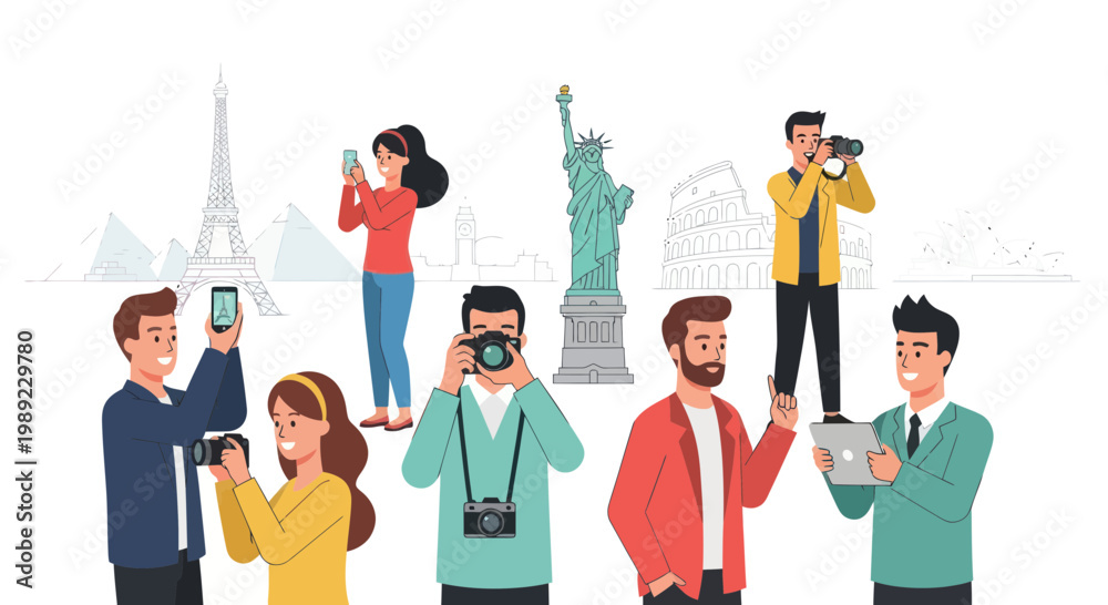 Fototapeta premium Tourists, travelers, photography, sightseeing, iconic landmarks, vector illustrations