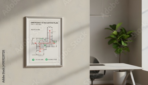 Emergency evacuation exit plan diagram on wall in a modern office interior showing safe route to exit for workplace safety and emergency preparedness concept