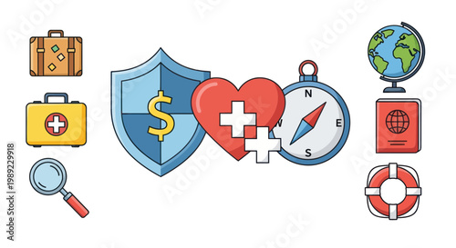 Travel, finance, and medical icons set, 8 colorful symbols, vector graphics