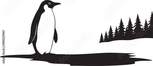 Black penguin silhouette, standing penguin, monochrome illustration, wildlife icon