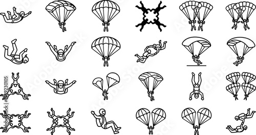 Skydiver Silhouettes: Freefall and Parachute Jump Vector Icons