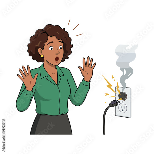 Woman reacts to a smoking electrical outlet with a frayed cord and sparks