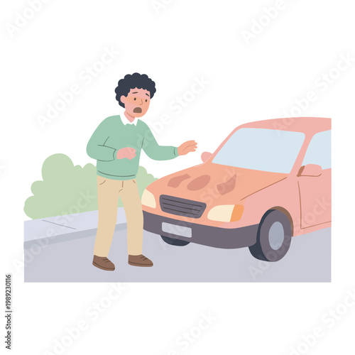 Man standing next to a broken down car on the road looking worried