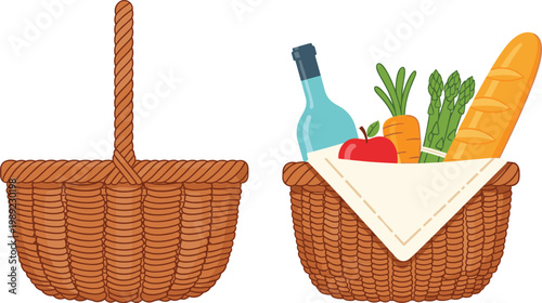 Wicker basket set empty and filled with groceries picnic food bread vegetables bottle vector illustration isolated