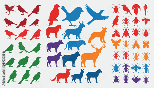 Colorful animal silhouettes set, collection of bird and mammal vector icons, wild fauna and insect graphic elements for nature design
