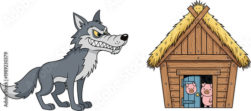 Big bad wolf and three little pigs house cartoon scene fairy tale characters vector illustration isolated design