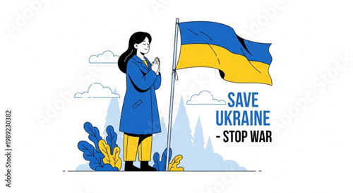 Woman praying for Ukraine holding flag with Save Ukraine text concept of peace and support vector illustration