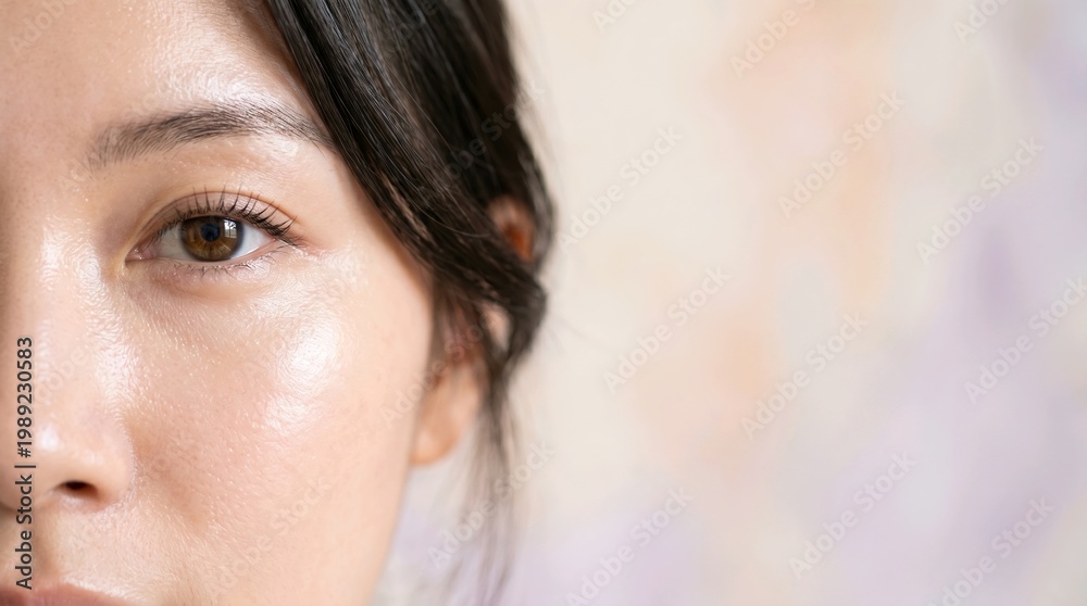 Fototapeta premium close up of young woman face with glowing oily skin for skincare