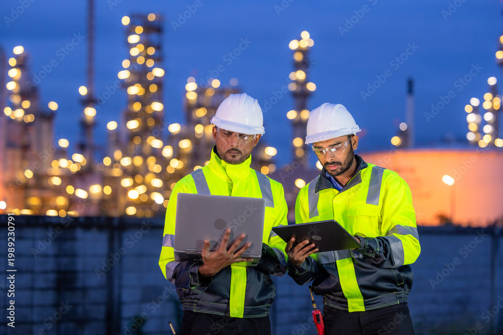 Fototapeta premium Two asian engineer man standing front of oil refinery at night, Asian man petrochemical engineer working at oil and gas refinery plant industry factory industrial engineer wear safety vest and hardhat