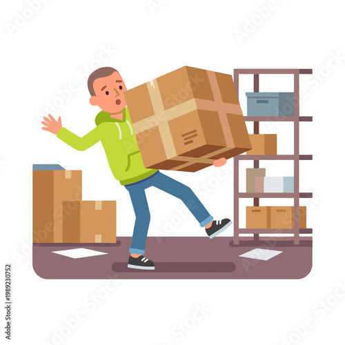 Man struggles to carry large boxes in a warehouse with shelves