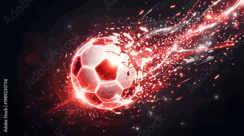 Dynamic soccer ball on fire with red energy trail and sparks, powerful football explosion digital illustration