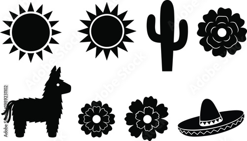 Silhouette Icon Set Featuring Mexican Cultural Symbols and Elements