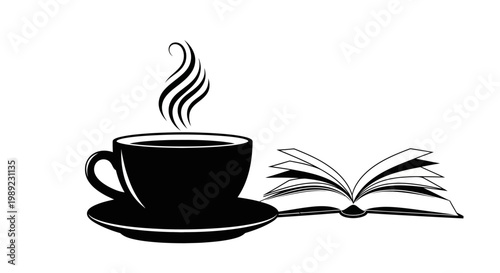 Steaming coffee cup with book.
