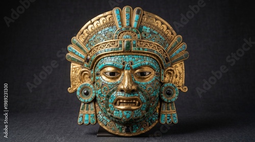 Ancient Mayan Gold Mask with Turquoise Inlay and Ornate Headdress