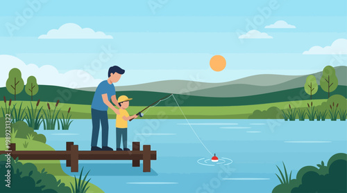 A tranquil flat design illustration of a father and child enjoying a peaceful day fishing by a lake, symbolizing shared hobbies and quality time. 