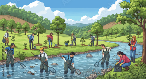 Environmental volunteers cleaning river and planting trees, community eco restoration project, people protecting nature in green valley landscape vector