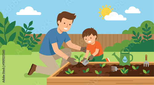 A nurturing flat design illustration of a father and child gardening together, symbolizing growth, learning, and connection with nature. 