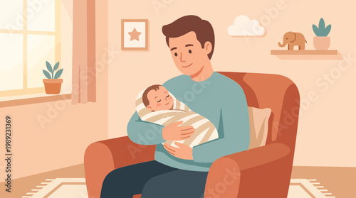 A tender flat design illustration of a father lovingly holding his baby, capturing the precious moments of new parenthood and deep affection. This minimalist vector art is ideal for themes of family.