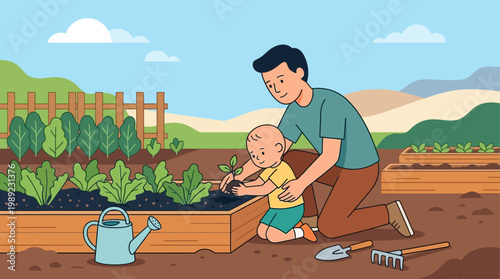 A nurturing flat design illustration of a father and child gardening together, symbolizing growth, learning, and connection with nature. 