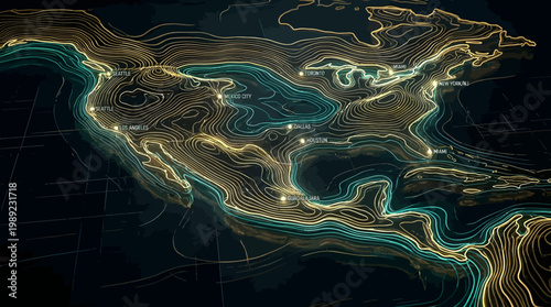 Abstract digital topographic map of north america with glowing contour lines and major city markers on a dark background