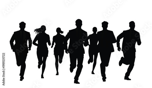 Business competition race silhouette composition showing multiple people running towards goal target ambition and performance challenge concept for marketing visuals and strategy presentations