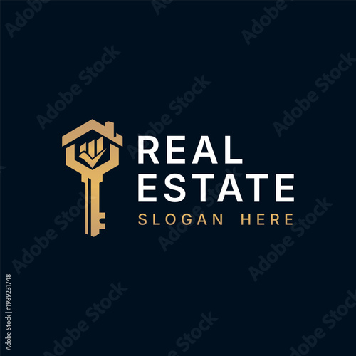 luxury house key logo, real estate logo design vector illustration