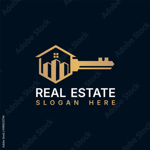 luxury house key logo, real estate logo design vector illustration