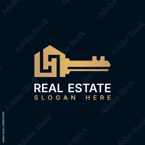 luxury house key logo, real estate logo design vector illustration